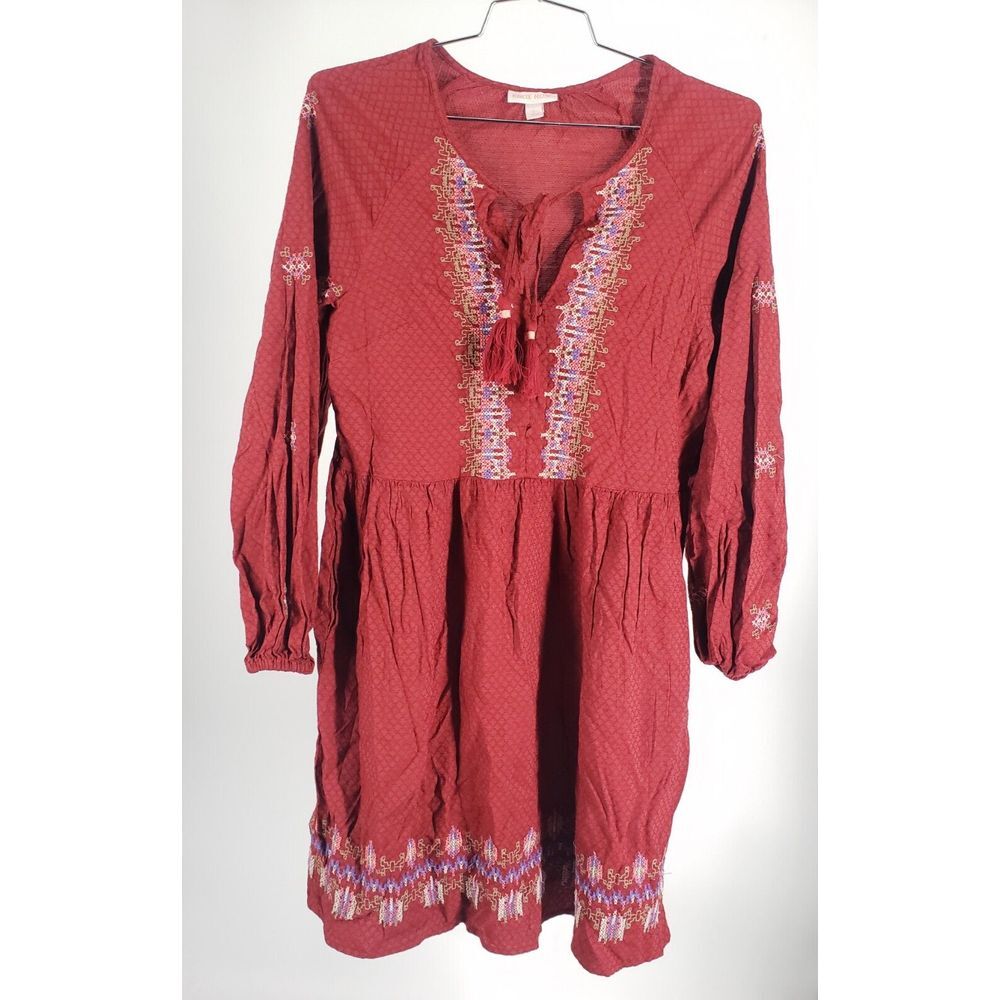 Knox Rose Women's Size M Long Sleeve Embroidered Boho Midi Dress Red